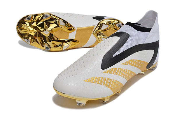 Chuteira adidas Predator Accuracy+ FG – Branco e Dourado, Sem Cadarço, Knit Total